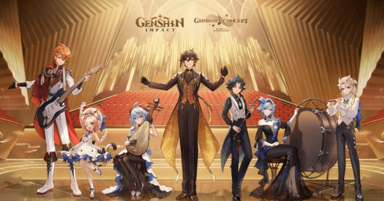 Several Genshin Impact Characters holding musical instruments for the concert tour.