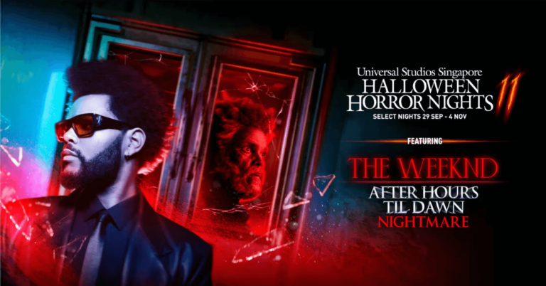A poster featuring The Weeknd and his own horror attraction at Halloween Nights Singapore 2023.